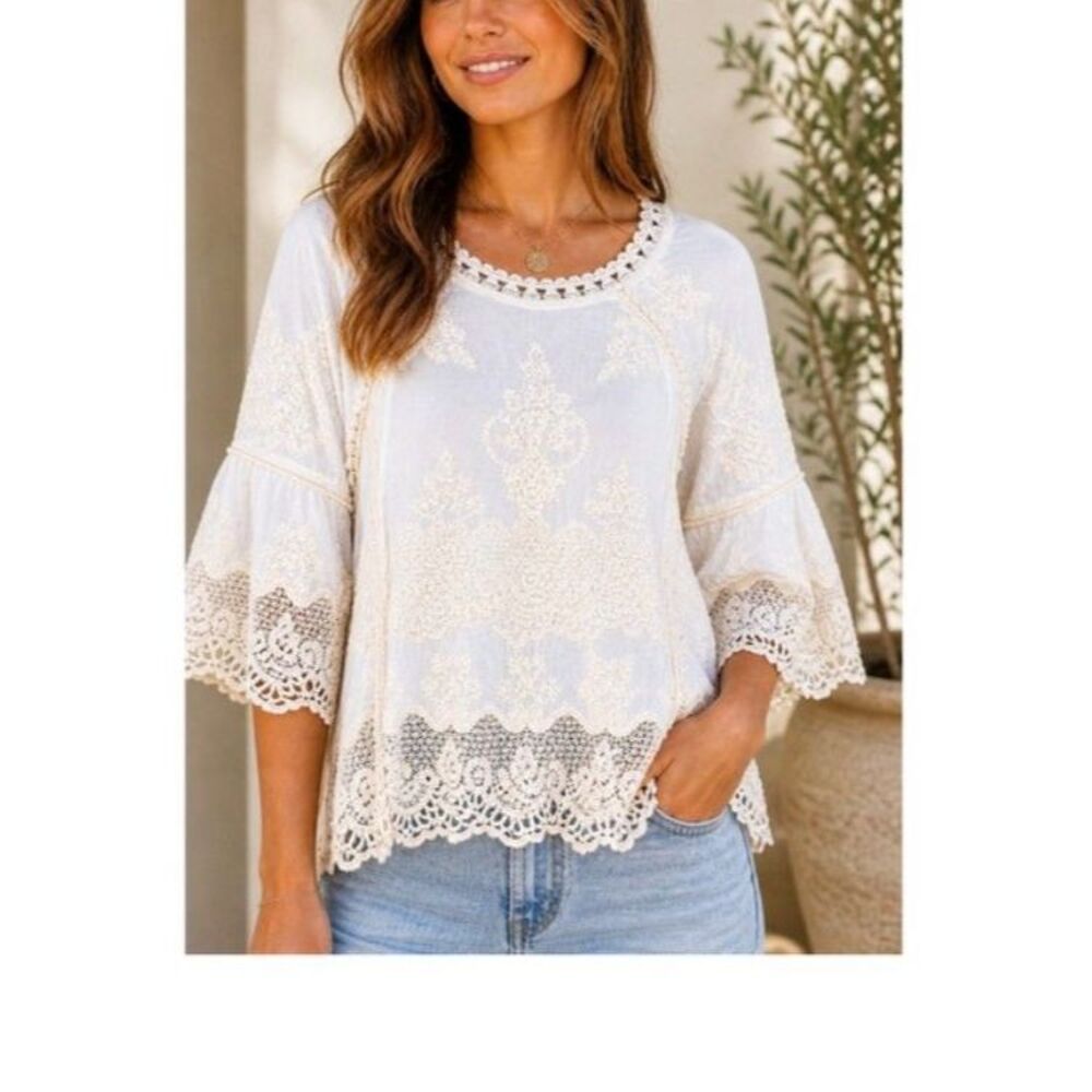 Democracy Women's Ivory Embroidered Crochet Lace 3/4 Bell Sleeve Boho Top Sz XS